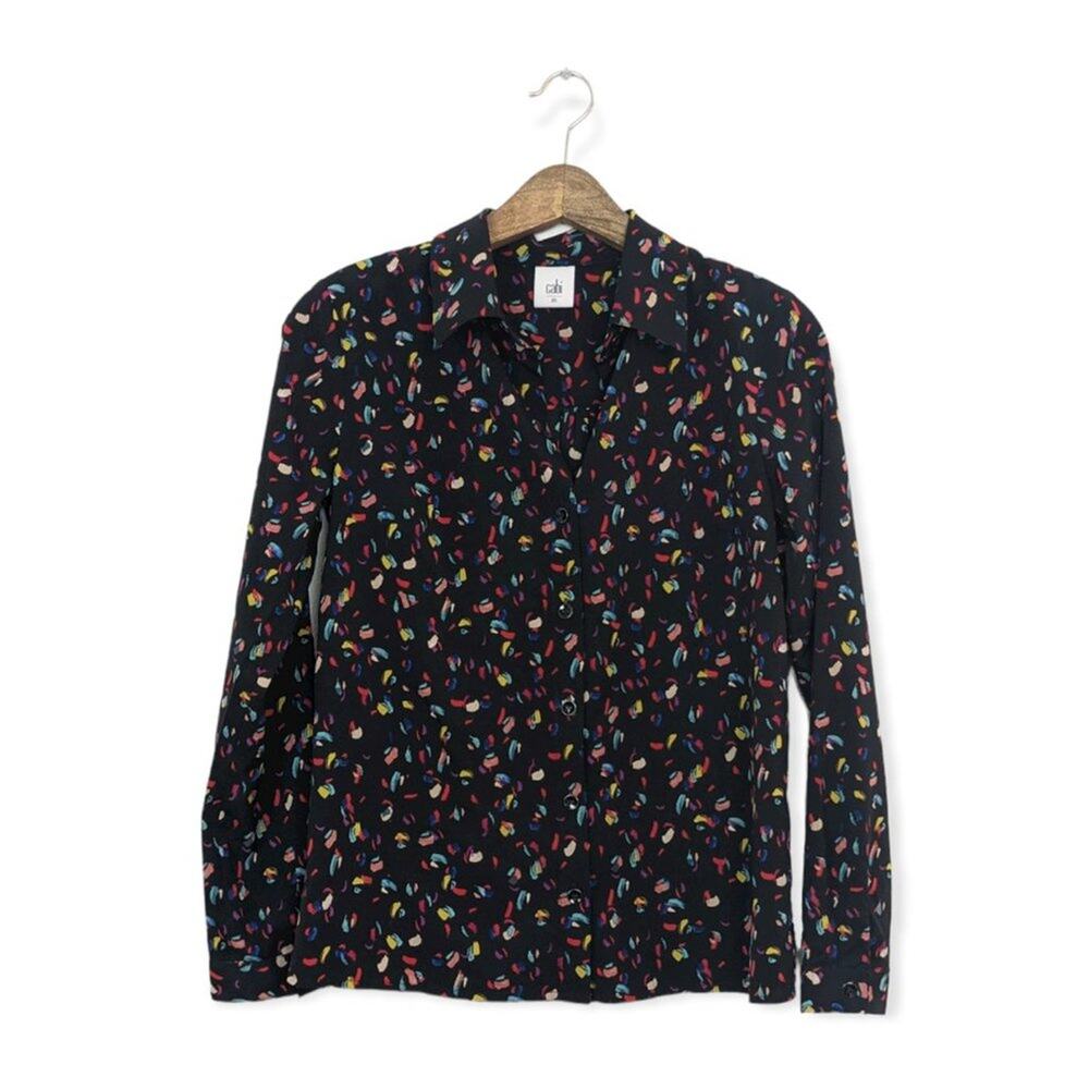 Cabi Ferris Shirt XS Black Colorful Print Button Down Long Sleeve Casual